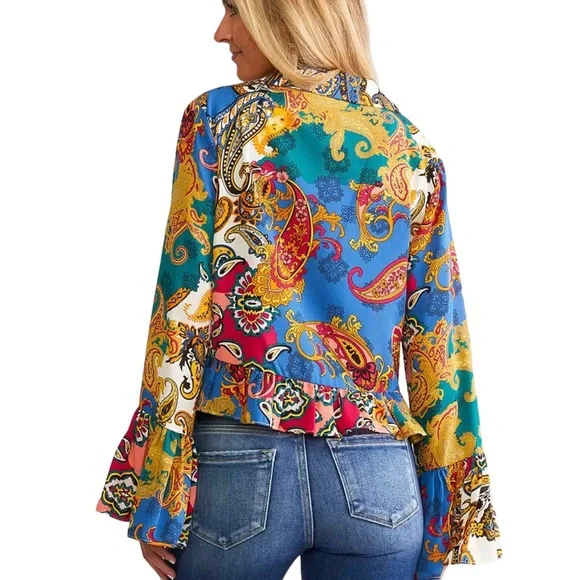 WILLOW & ROOT Mixed Paisley Print Chiffon Blouse, Sz S - Picture 2 of 13